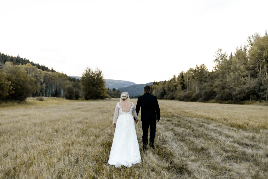 An image of a Caucasian couple walking away from the camera in a picturesque field of long grass. The bride, adorned in a white lace dress, walks hand in hand with the groom, dressed in a black suit. They are positioned centrally in the image, with lush trees and a majestic mountain forming the backdrop.