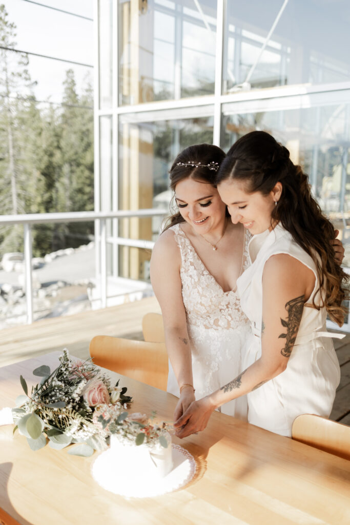 The newly weds cut their cake together at this Sea to Sky Gondola wedding