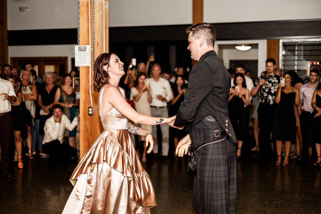 Bride and groom have their first dance at this Church and State Winery wedding