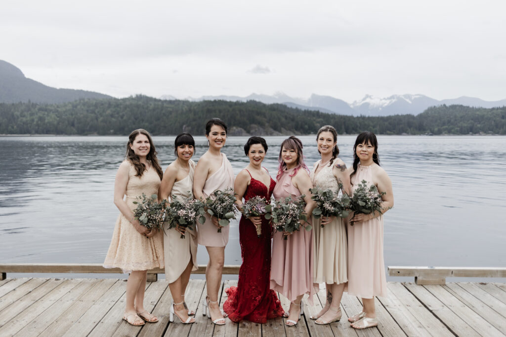 Bridal party photos at this Gibsons Island summer camp wedding at Camp Elphinstone