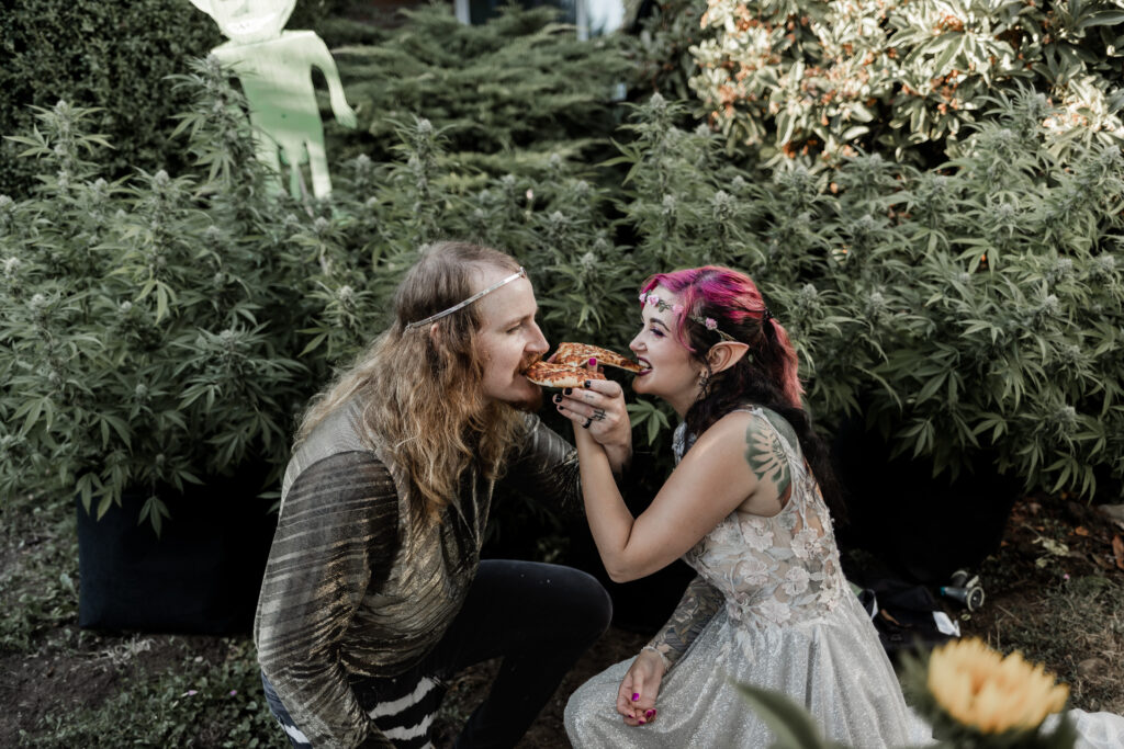 The bride and groom feed each other pizza in front of marijuana plants at their Vancouver Island costume wedding