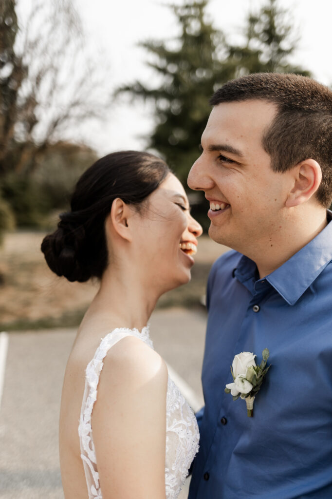 An up close of the bride and groom smiling at this Bloedel Conservatory wedding 