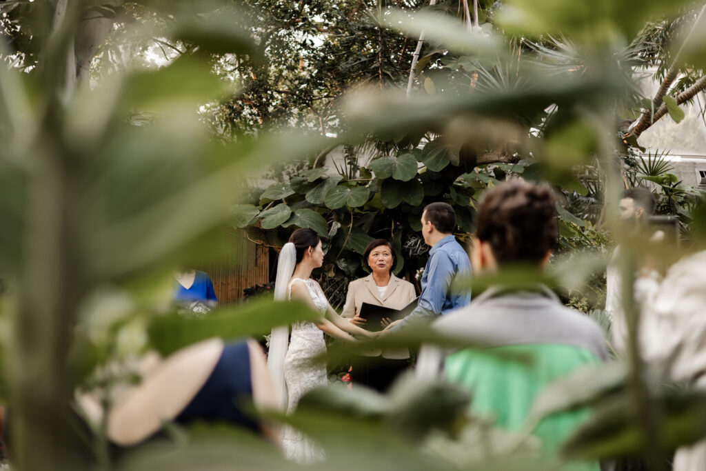 The bride and groom are framed by plants as they hold hands at the altar at this Bloedel Conservatory wedding 