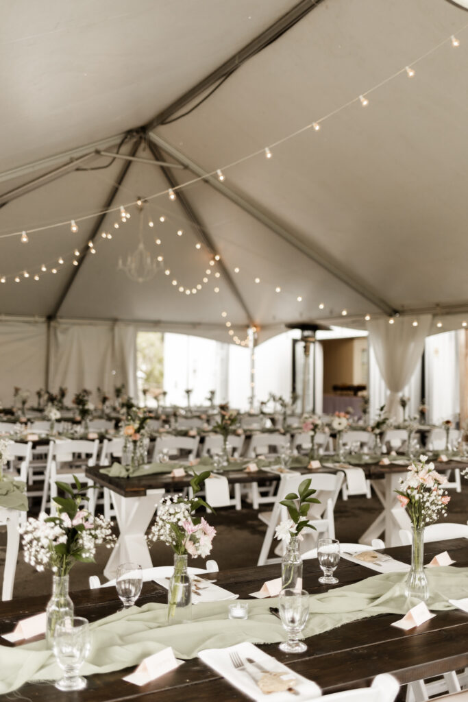 The decorated reception tables at an Estate 248 wedding in Langley, British Columbia