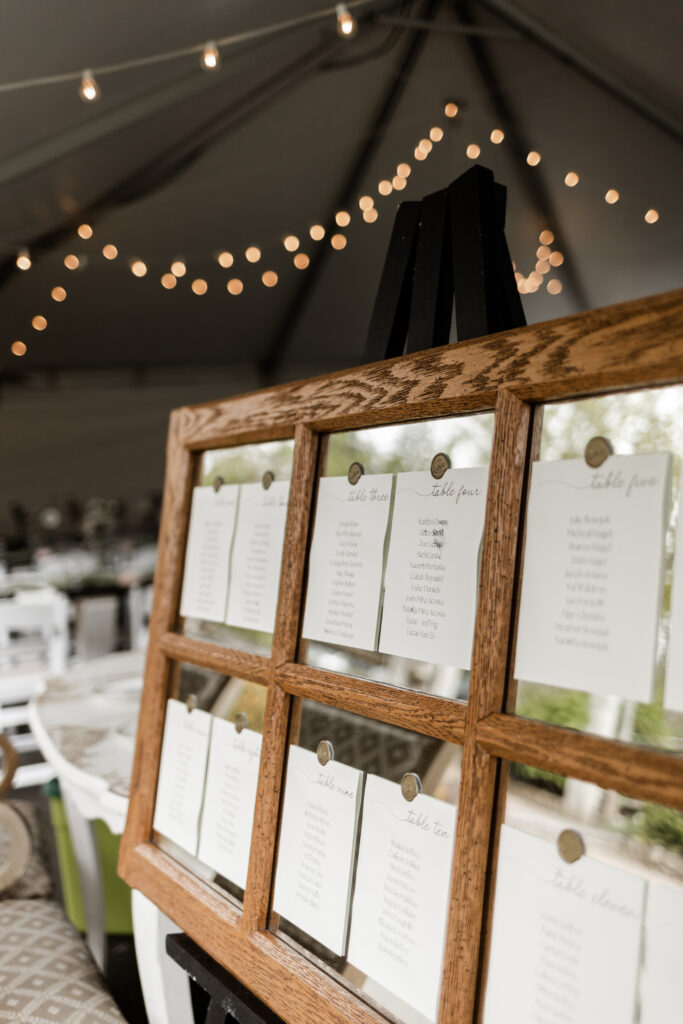 An up close of the seating chart at an Estate 248 wedding in Langley, British Columbia