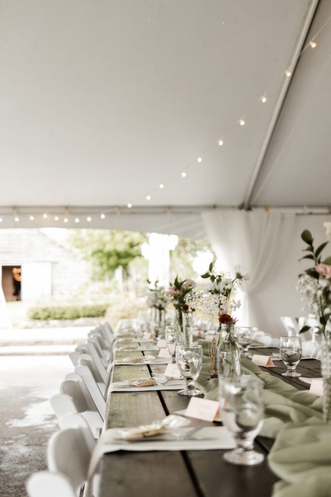 Reception table decor at an Estate 248 wedding in Langley, British Columbia