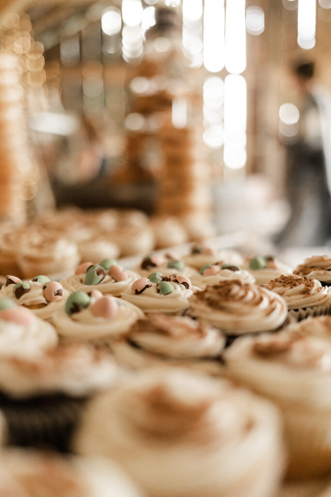 up close of cupcakes with mini eggs on top at this Estate 248 wedding in Langley, British Columbia