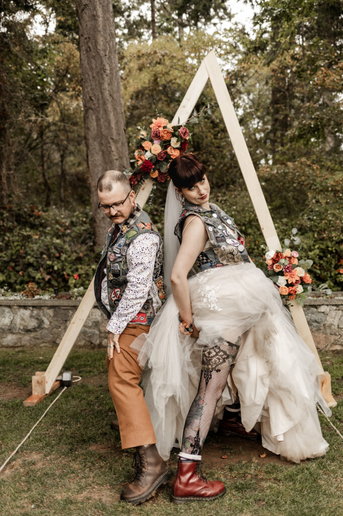 bride and groom show off their shoes at this punk wedding in Victoria, BC