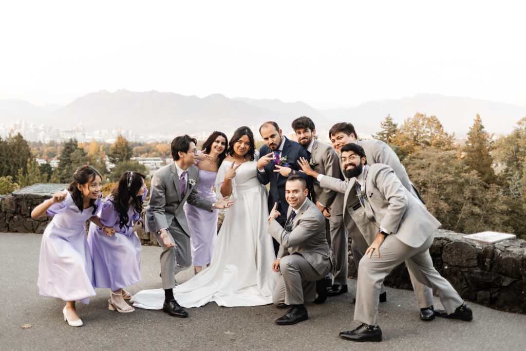 Bridal party poses at this wedding at Seasons Restaurant