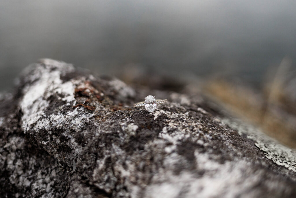 An upclose of the engagement ring at this Whytecliff Park engagement shoot