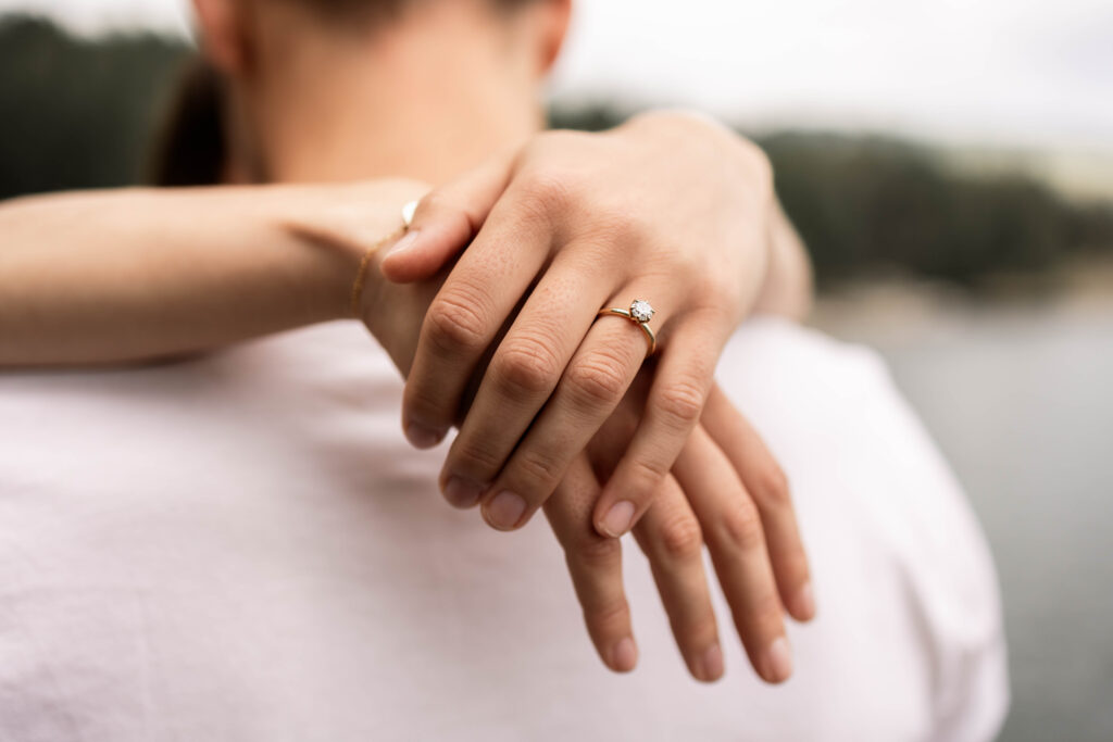 Up close of the engagement ring at this Lighthouse Park Engagement Shoot