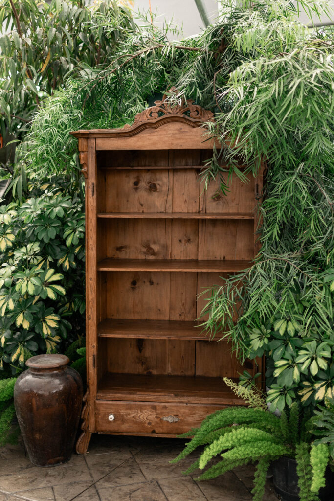 Antique wood furniture at the Secret Garden at Ripples Winery, a wedding venue in Abbotsford, BC.