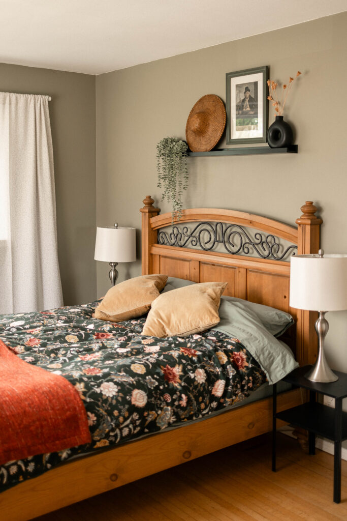 Bedroom decor in a room at the Bed and Breakfast at the Secret Garden at Ripples Winery, a wedding venue in Abbotsford, BC.