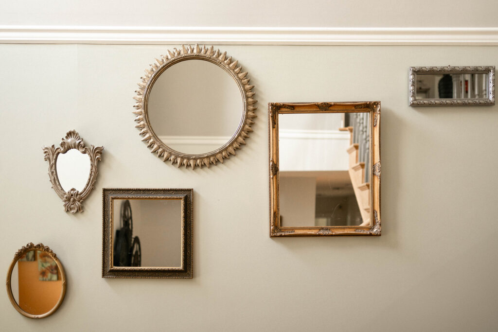 Mirror wall decor at the Bed and Breakfast at the Secret Garden at Ripples Winery, a wedding venue in Abbotsford, BC.