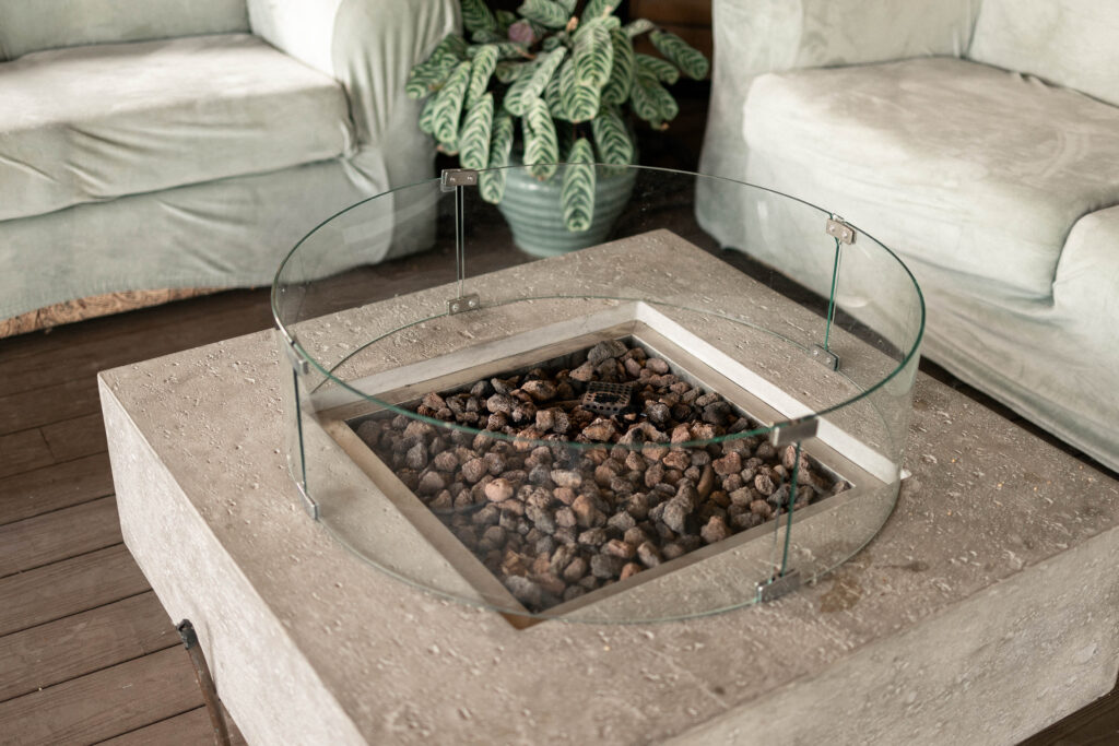 Outdoor gas firepit at the Bed and Breakfast at the Secret Garden at Ripples Winery, a wedding venue in Abbotsford, BC.