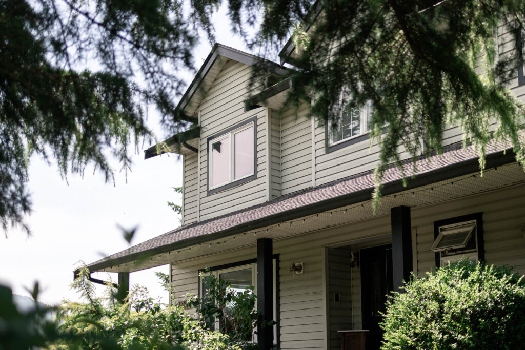 Outside the Bed and Breakfast at the Secret Garden at Ripples Winery, a wedding venue in Abbotsford, BC.