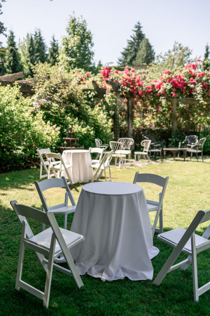 Rose garden set up for cocktail hour at Hycroft Manor wedding venue