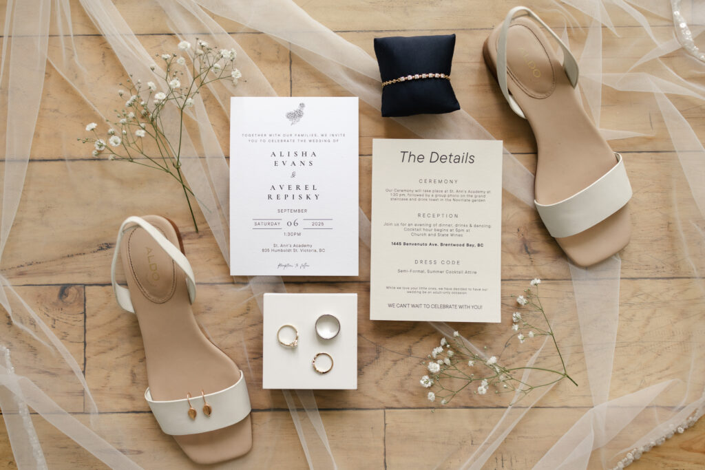 Flat lay of wedding details at Parkside Hotel in Victoria, BC