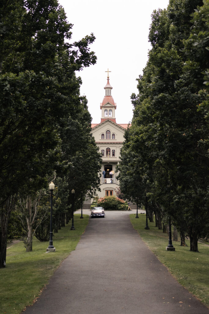 Outdoor shot of St. Ann's Academy at this Victoria cathedral wedding