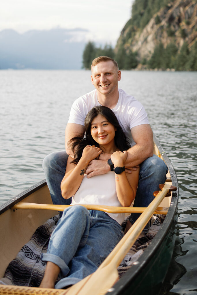 Golden hour couples canoe photoshoot at Porteau Cove, near Squamish BC