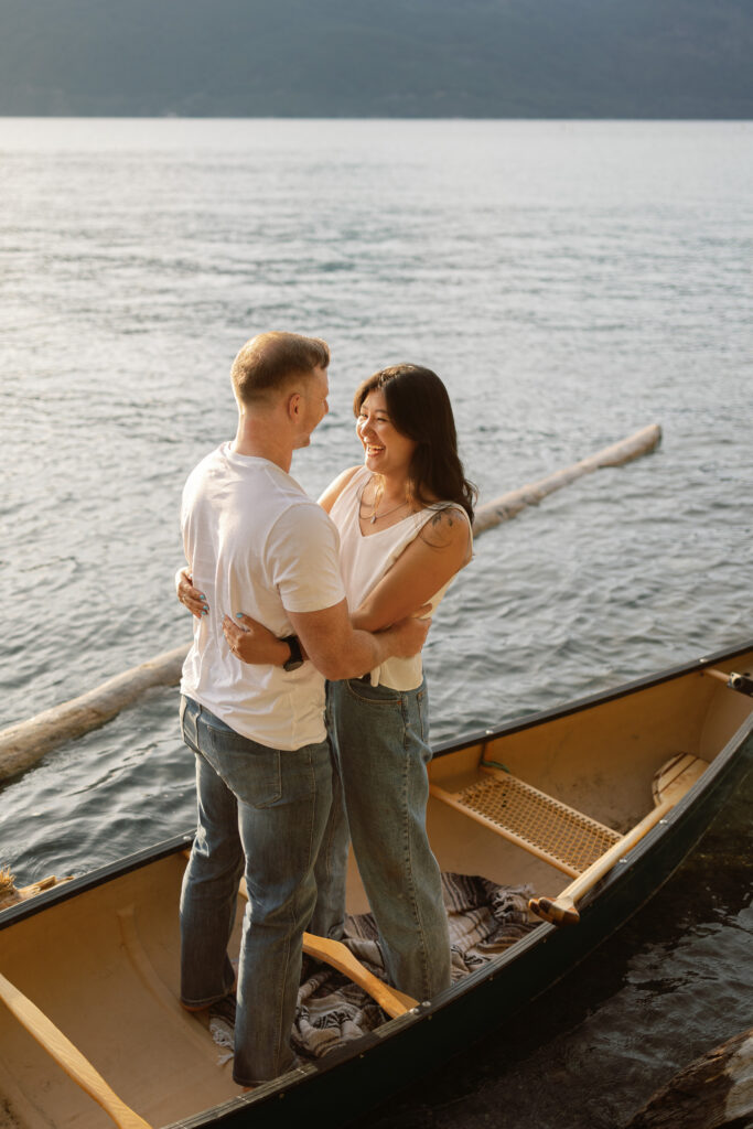 Golden hour couples canoe photoshoot at Porteau Cove, near Squamish BC