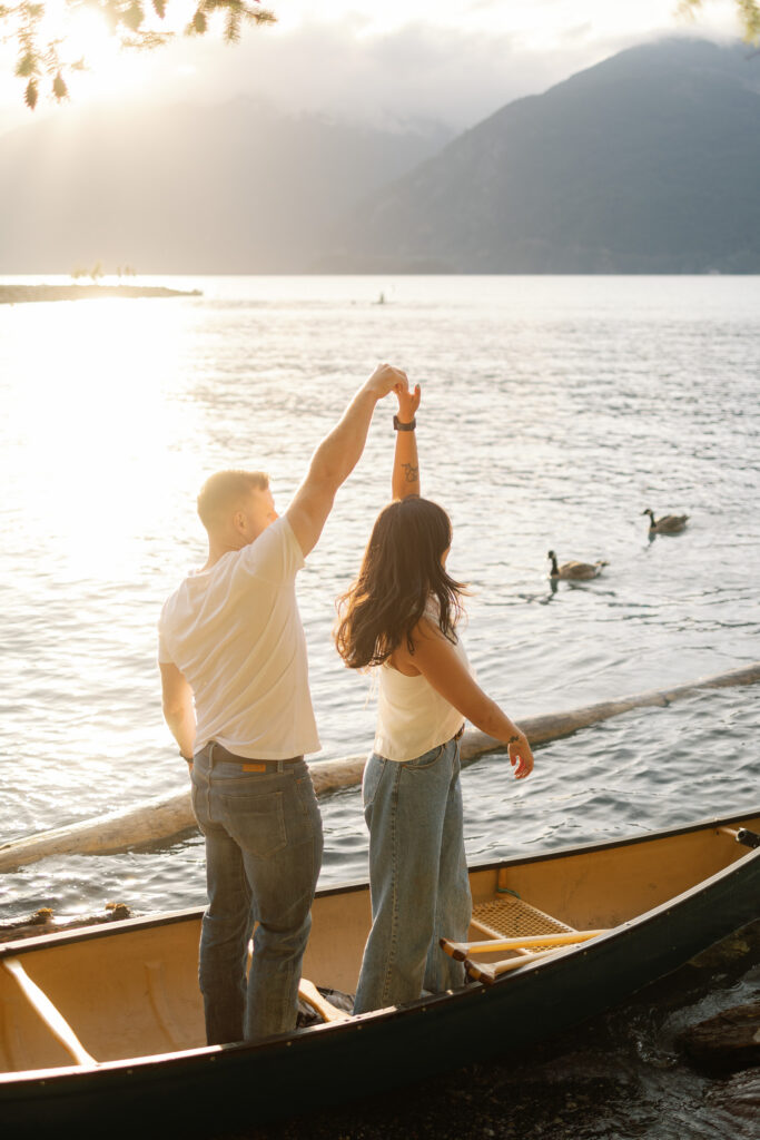 Golden hour couples canoe photoshoot at Porteau Cove, near Squamish BC