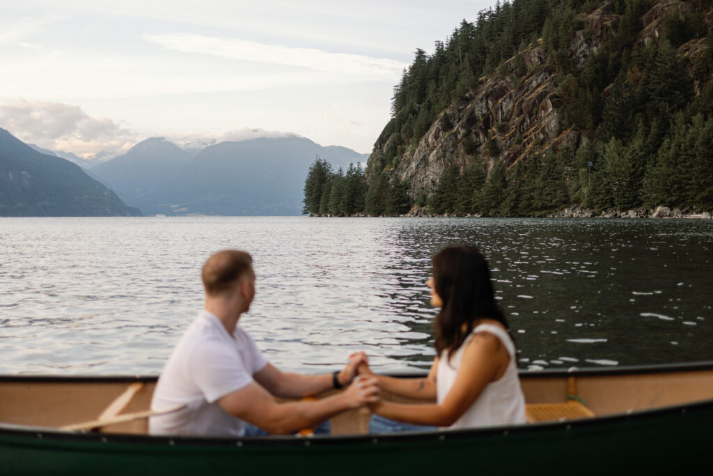 Golden hour couples canoe photoshoot at Porteau Cove, near Squamish BC
