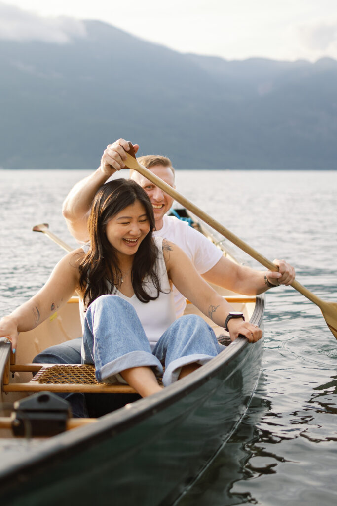 Golden hour couples canoe photoshoot at Porteau Cove, near Squamish BC