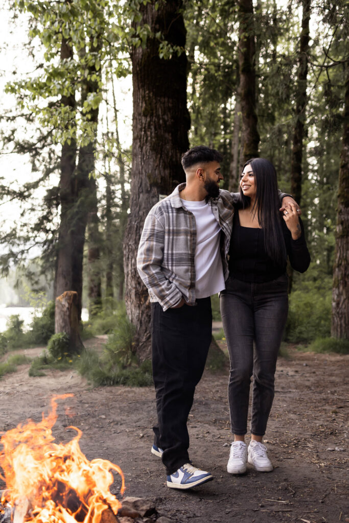 Campfire couples engagement shoot down Chilliwack Lake Road in Chilliwack, BC