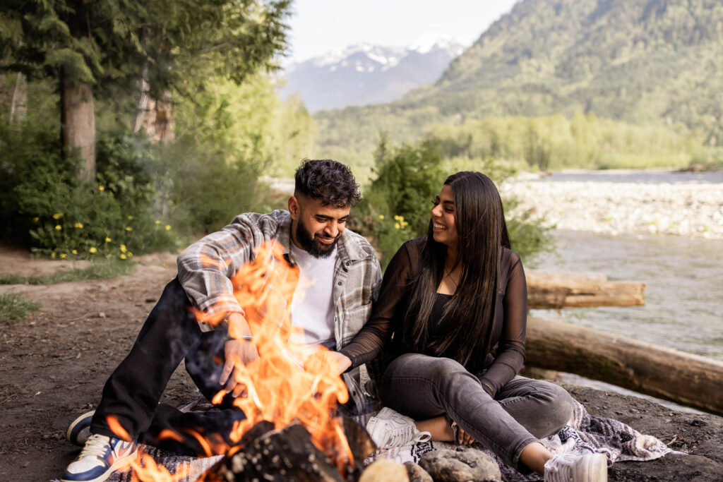 Campfire couples engagement shoot down Chilliwack Lake Road in Chilliwack, BC