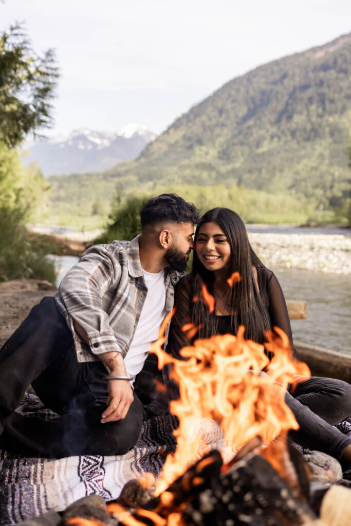 Campfire couples engagement shoot down Chilliwack Lake Road in Chilliwack, BC