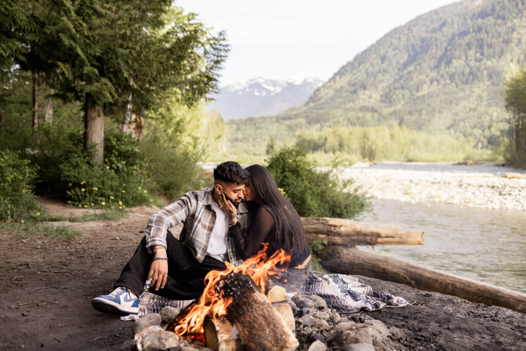 Campfire couples engagement shoot down Chilliwack Lake Road in Chilliwack, BC