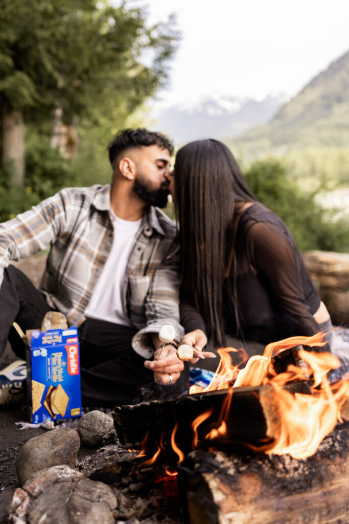 Campfire couples engagement shoot down Chilliwack Lake Road in Chilliwack, BC