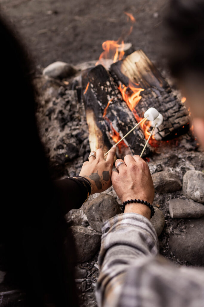 Campfire couples engagement shoot down Chilliwack Lake Road in Chilliwack, BC
