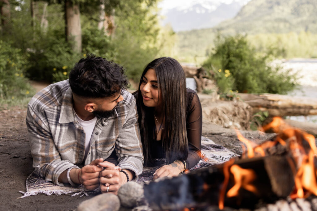 Campfire couples engagement shoot down Chilliwack Lake Road in Chilliwack, BC