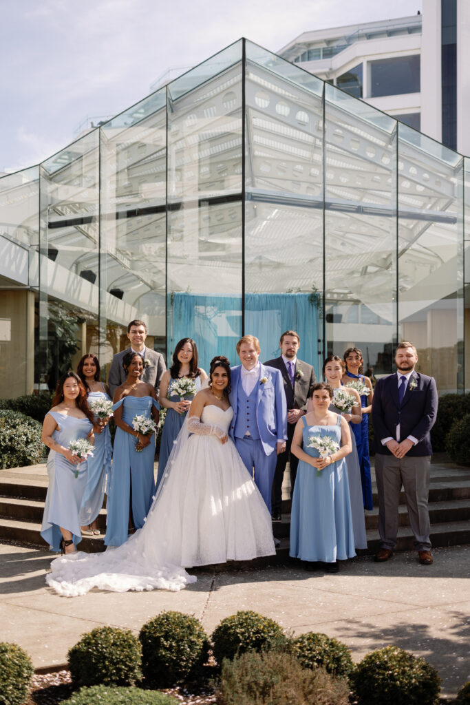 Elegant bridal party portraits at Laurel Point Inn wedding venue