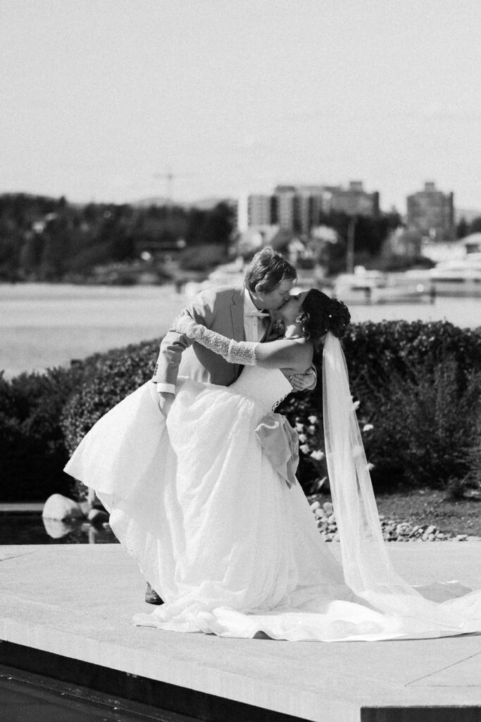 Elegant wedding portraits at Laurel Point Inn wedding venue