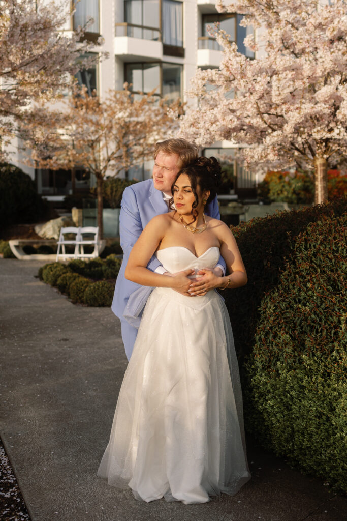 Soft sunset light during Laurel Point Inn wedding couple portraits